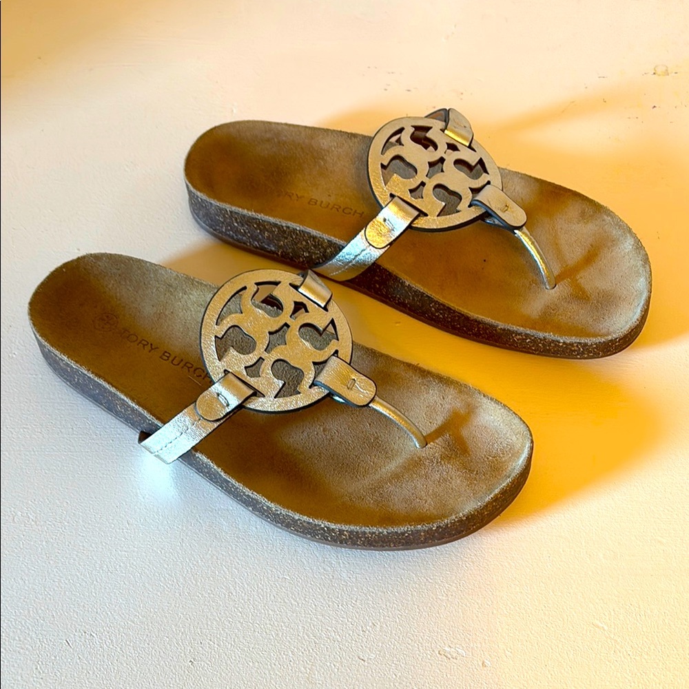 Tory Burch Cloud Miller Metallic Leather Gold Spark Slide Sandals